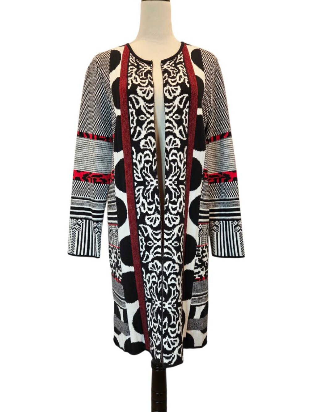 Chico's Black Long Cardigan Sweater Duster White Red Patchwork Jacquard